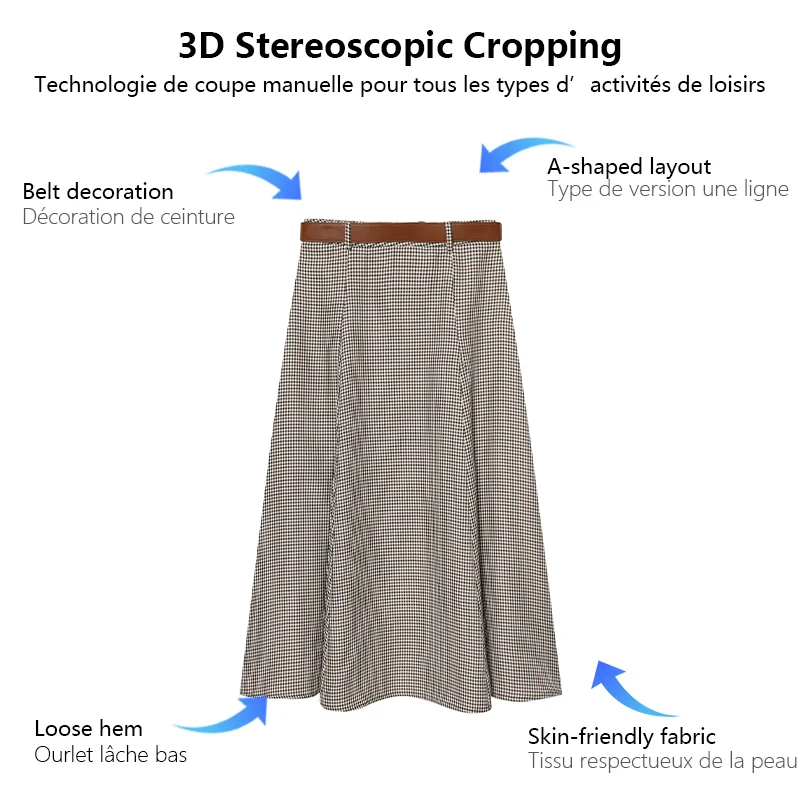 レトロな千鳥格子柄ロングスカート、ベルト付き、ハイウエスト、Aラインスカート、優しくエレガントなスタイル、秋冬レディースファッションアイテム