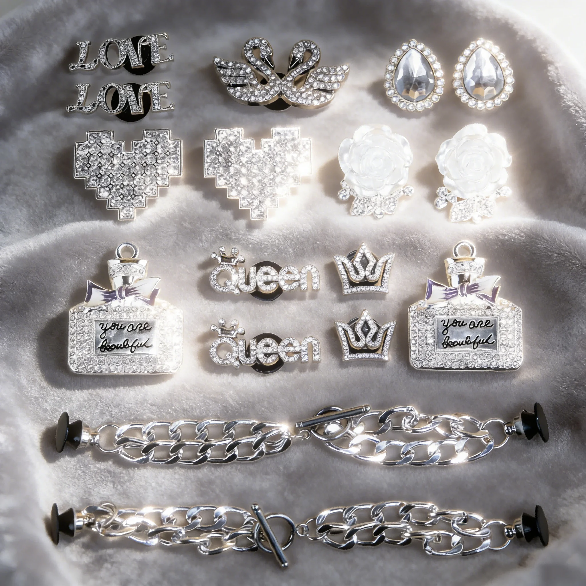 1/18PCS Metal Charms Fashion Designer Charms for Women Girls Silver Style Perfume Heart Flowers Rhinestone Shoe Accessories