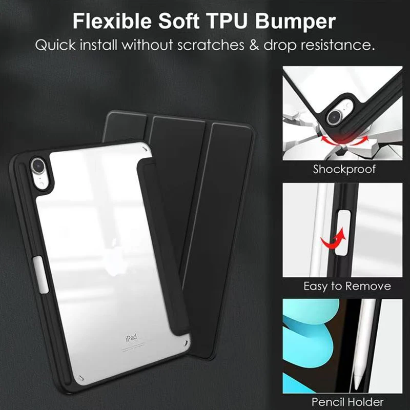 Flip Tablet Cover per iPad Mini 6 8.3 ''2021/Mini 7 2024 (A17 Pro) A2995 Acylic Back Case con portapenne Sveglia/Sleep automatico