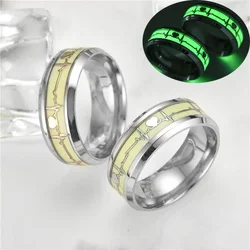 8MM Glow in The Dark Finger Ring For Men Women Couple Heartbeat Graph Stainless Steel Band Rings Fashion Luminous Jewelry Gift