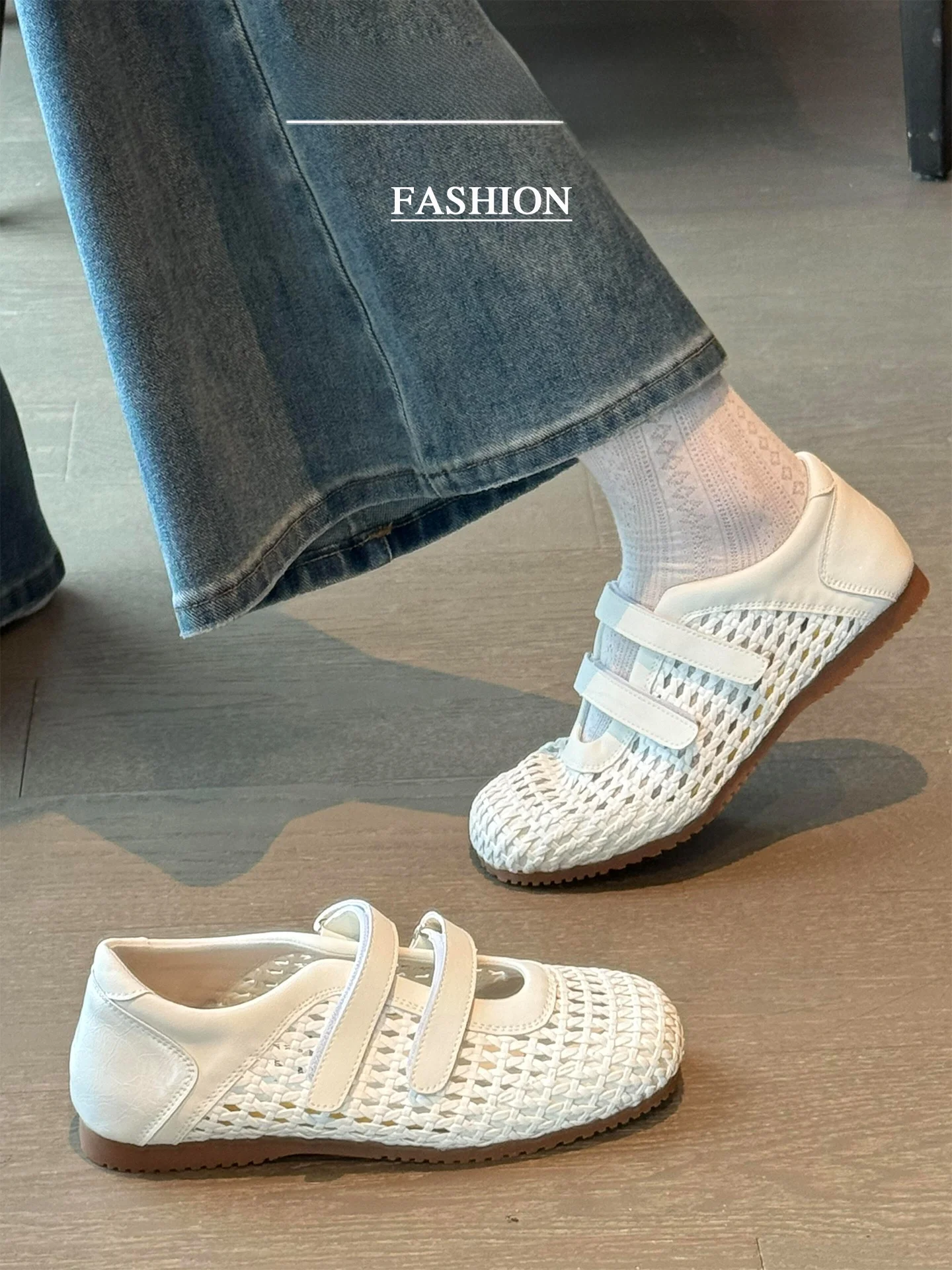 ballet-style-women's-train-shoes-breathable-thin-summer-sports-sandals-woven-hollow-mary-jane-flat-heel-round-toe-rubber-outsole