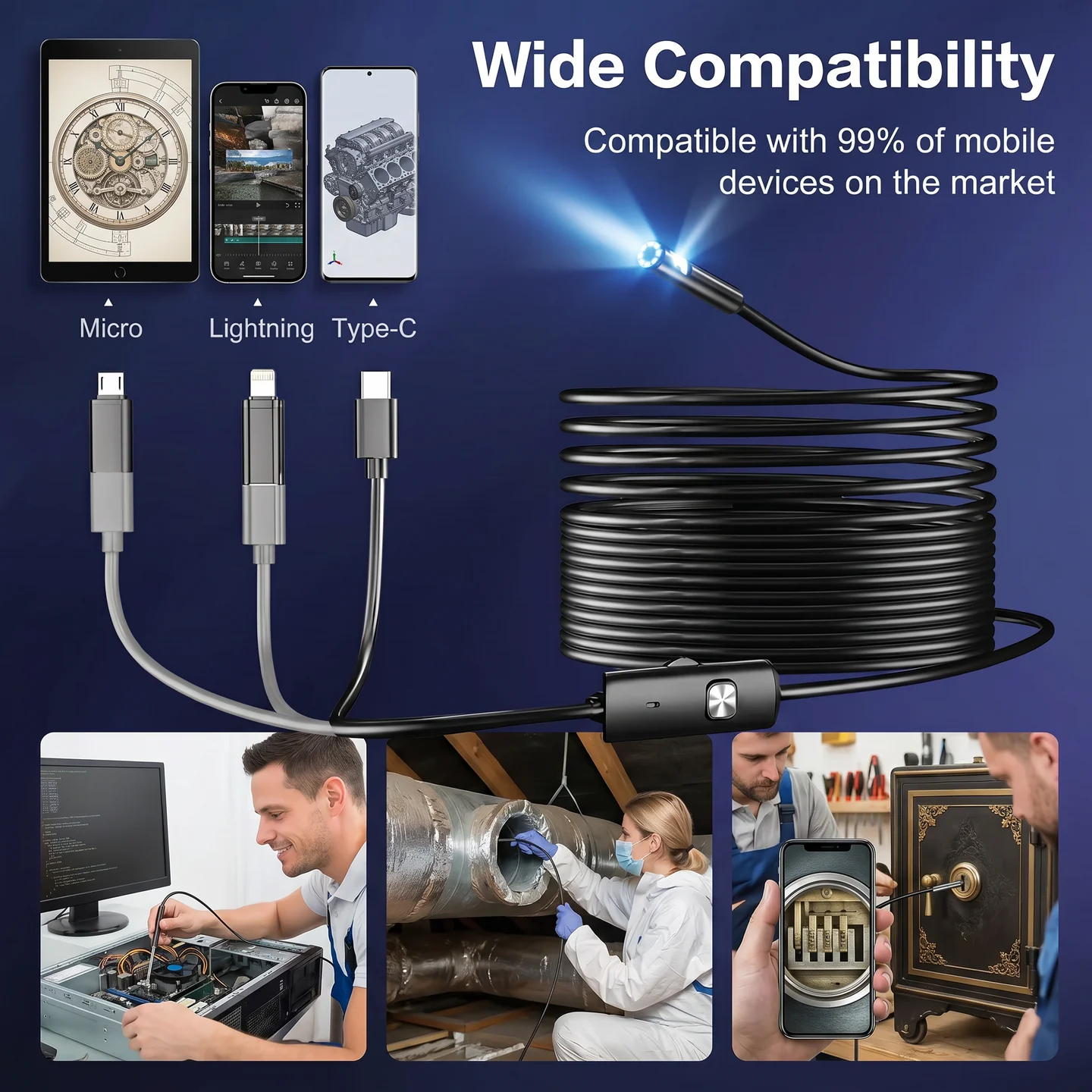 Cámara Endoscópica 3 en 1 de 8 mm, Cámara de Inspección HD 480P/960P/1080P, Mini Boroscopio Tipo-C IP67 para Android, iOS, iPhone, Automóviles y Alcantarillado