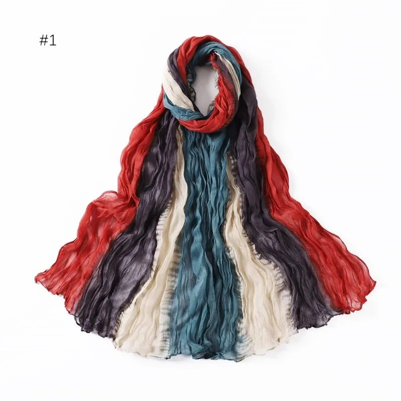 Maxi Scarf Woman Autumn Women Luxury Gradient Color Voile Crumpled Hand Painted Long Rainbow Color Thin Twist Wrinkled Silk Veil