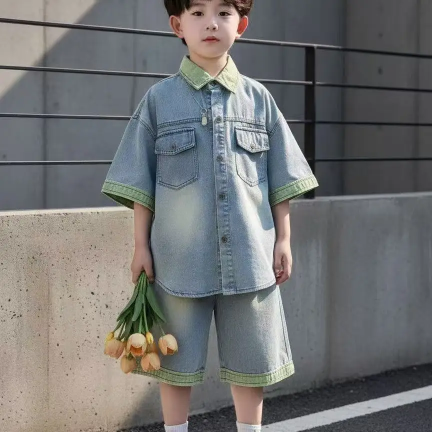

Children's Summer Set New Fashionable Cool Handsome Thin Denim Short Sleeve Boys' Loose Shorts Two Piece Set 90-150CM