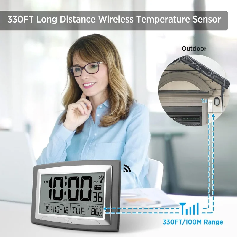 Atomic Clock with Outdoor and Indoor Temperature Self-Setting Digital Clock Large Display.