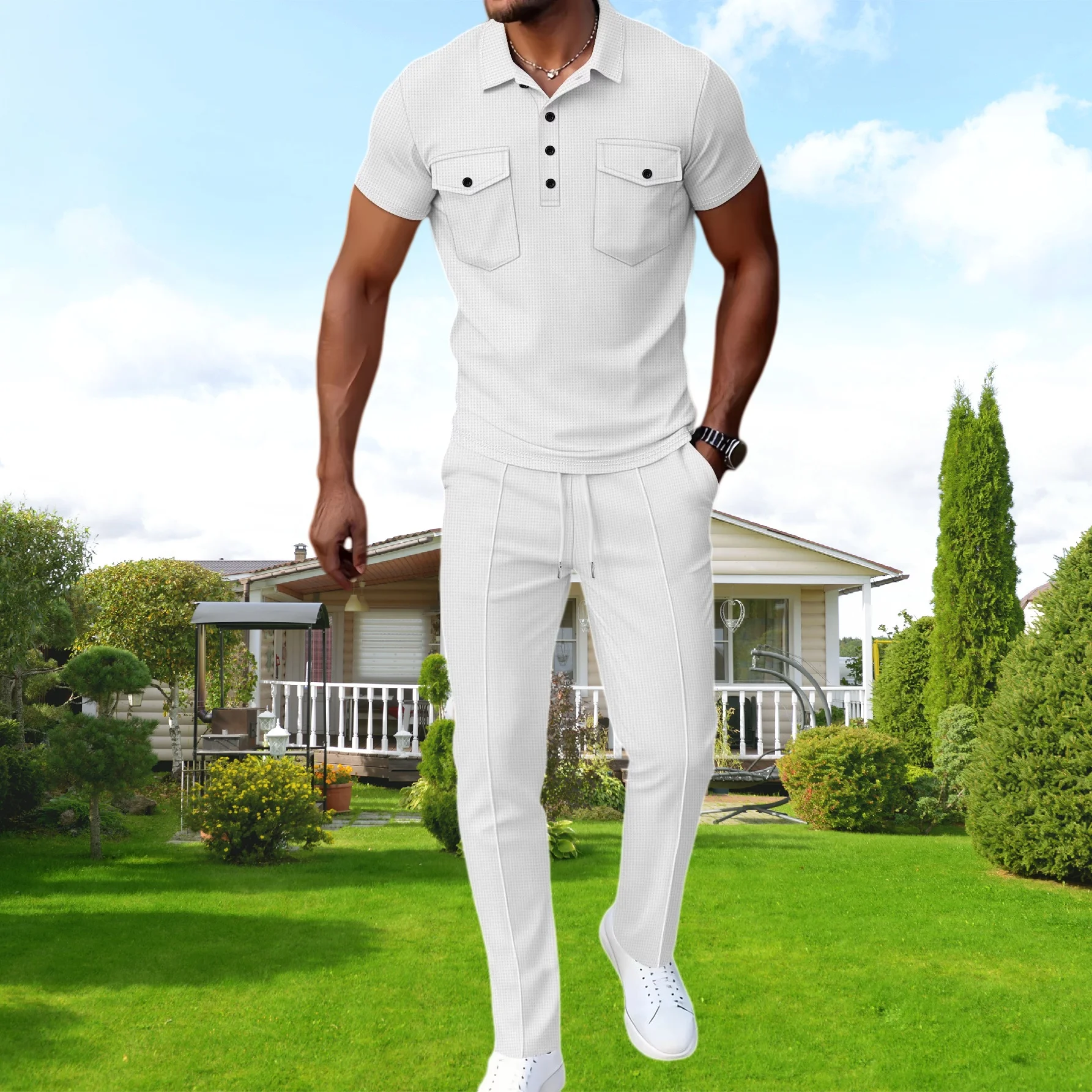 

New high-end men's luxurious checked knit sports suit - short sleeves with pocket design, suitable for business casual daily wea