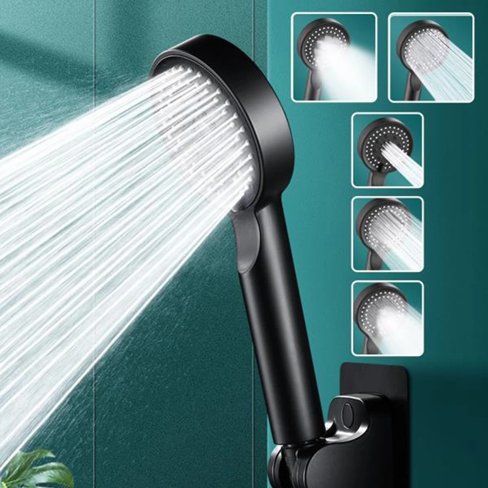 

Fixed Support Type Round Water Saving Shower Heads ABS Plastic Shower Head 5 Modes Adjustment Black High Pressure