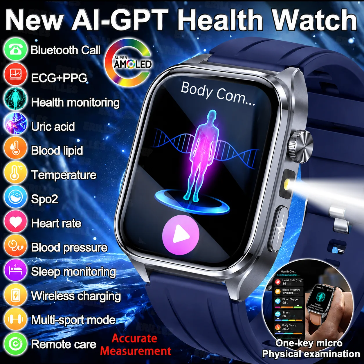 2026 New AI Health Care Accurate Detection ECG SmartWatch Blood Pressure Lipids Uric Acid Analysis Bluetooth Call Smart Watches