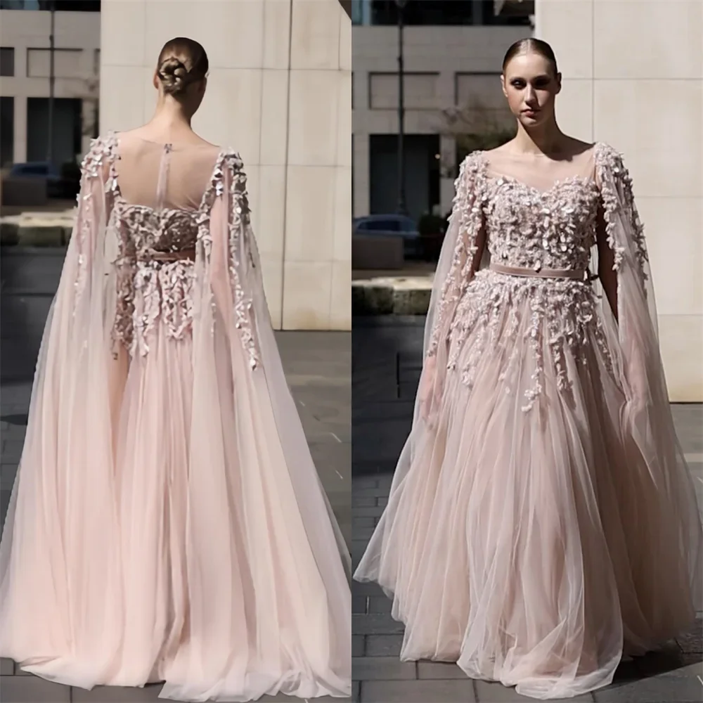 Customized Evening Gown Formal Dearin V-neck A-line Floor Length Skirts Tulle Applique Bespoke Occasion Dresses Prom Dress Saudi