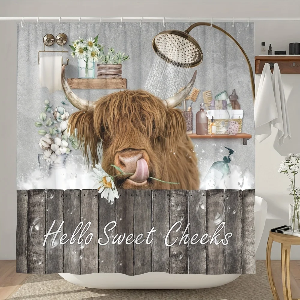 1 Highland Cow Shower Curtain, Rustic Farm Fun Animal Farmhouse Wood Plank Country Western Wildlife Botanical Nature Modern Fabr