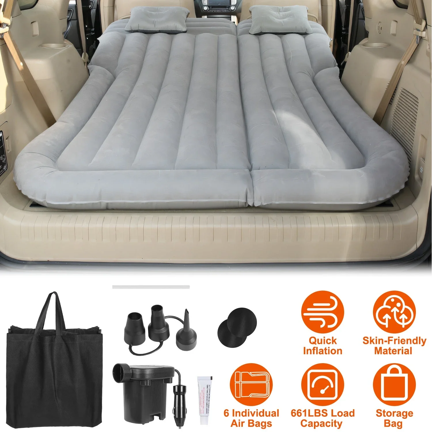 

Inflatable Camping Bed Cushion Pillow for SUV - Thickened Portable Sleeping Pad with Pump - Outdoor Comfort Gear.