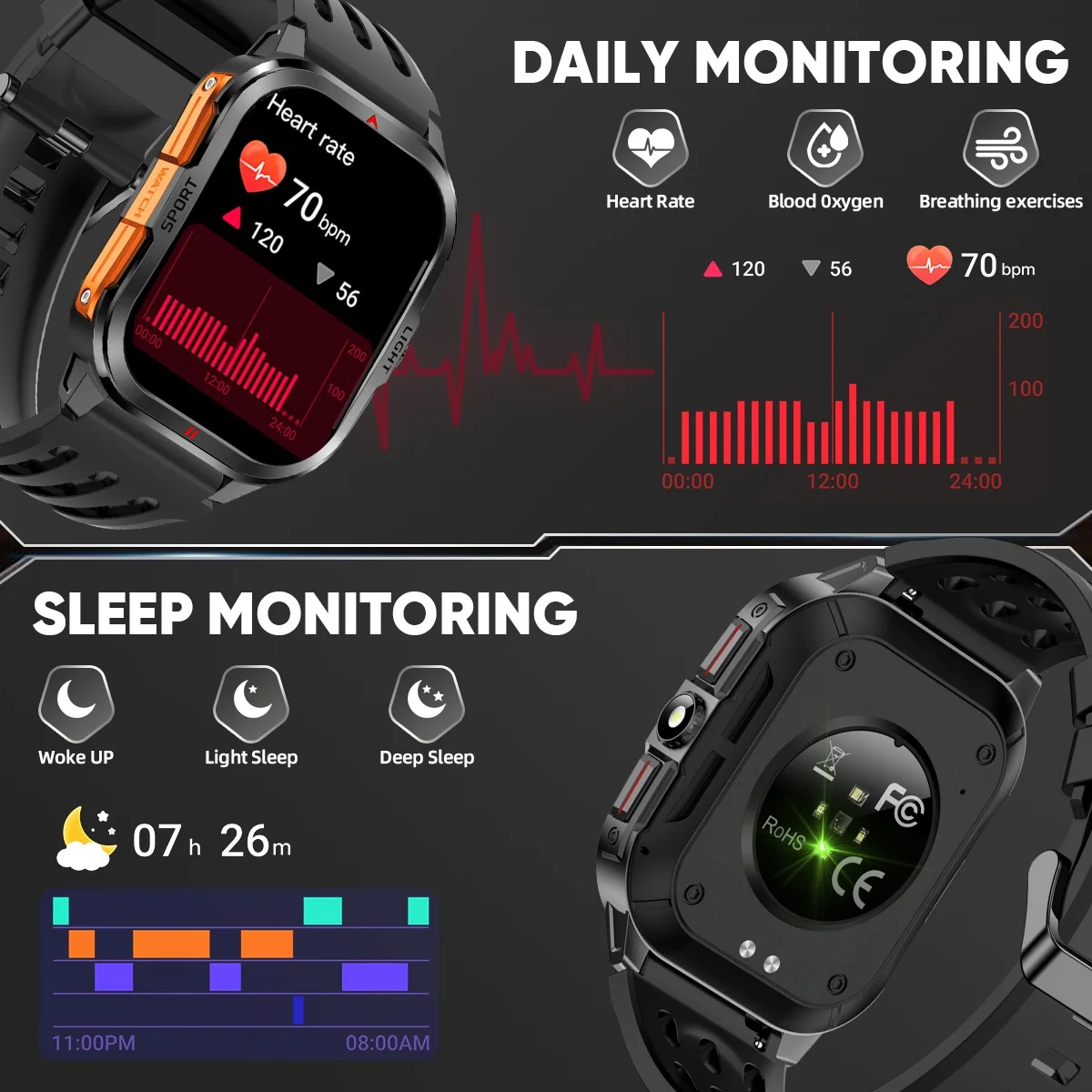 LIGE Fashion Military Smart Watch Men Flashlight 3ATM مقاوم للماء في الهواء الطلق الرياضة المقتفي معدل ضربات القلب بلوتوث دعوة الرجال Smartwatch