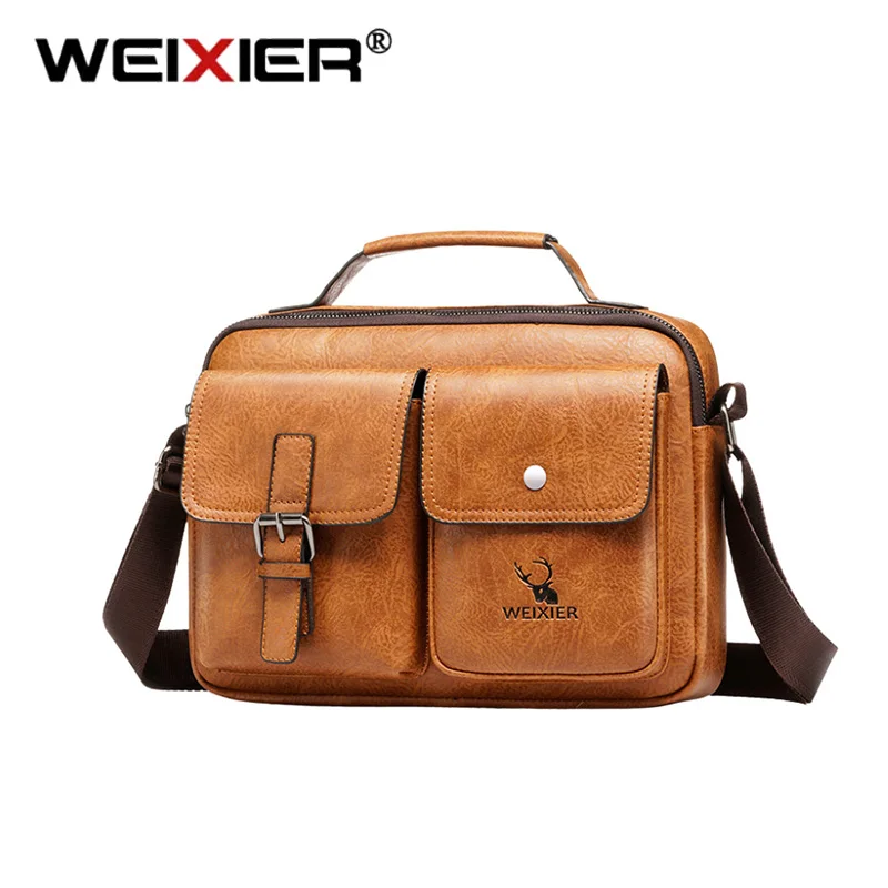 WEIXIER Men Retro Business Shoulder Fashion Brand PU Leather Crossbody Bags Large Capacity Handbag Portable Casual Travel Bag