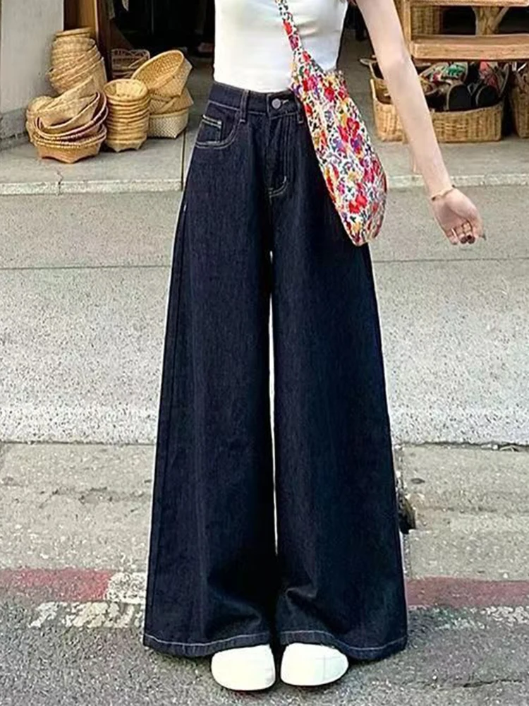 

Y2K Джинсы с высокой талией, женские ретро темно-синие широкие брюки, свободный крой, милый пряный стиль, драпировка, осень, поездка на работу