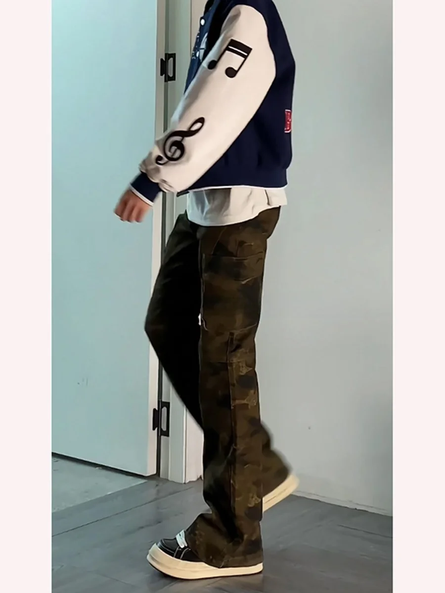 

Cool Camouflage Workwear Pants Men's Autumn Winter Straight Leg Casual Trousers Fashionable Street Style High Waist Zipper