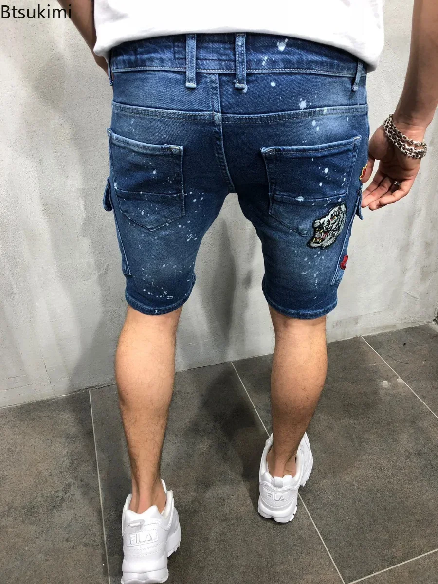 2024 Men\'s Summer Short Jeans High Stretch Fashion Casual Denim Shorts Male Slim Fit Elastic Badge Pockets Hole Shorts for Men