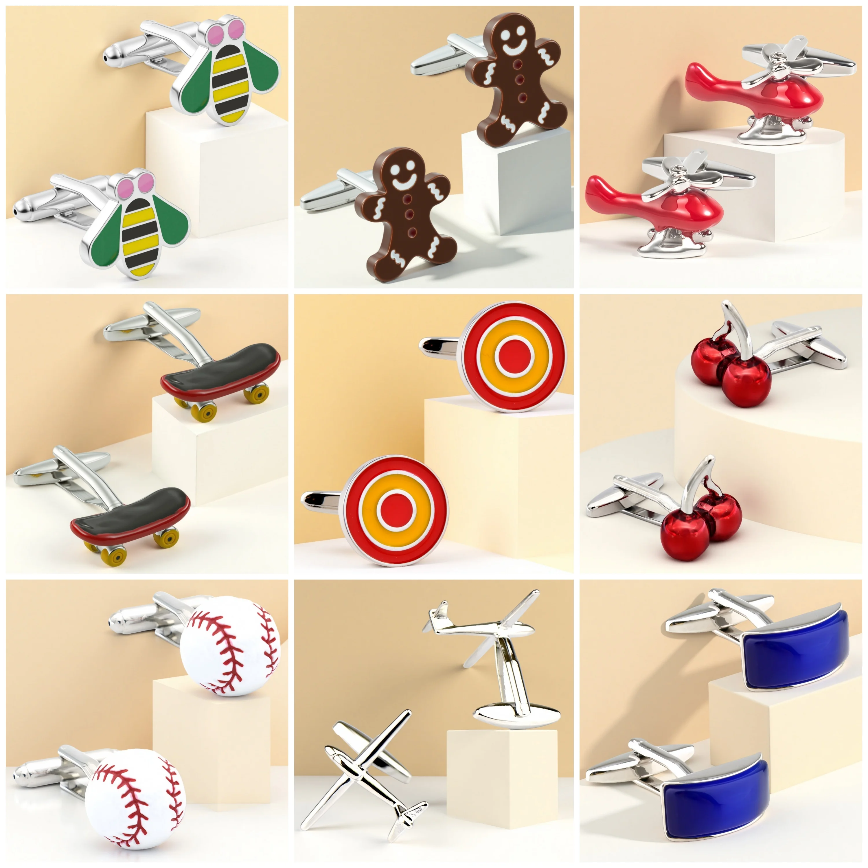 Annlyy Fashion Bee Gingerbread Helicopter Skateboard Cherry Baseball Plane Blue Stone Mens Cufflinks Cuff Links