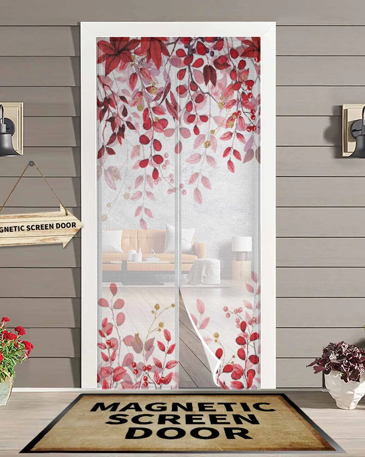 Abstract Red Leaves Branch Magnetic Door Curtain Summer Living Room Bedroom Home Anti-mosquito Screen Door Curtain