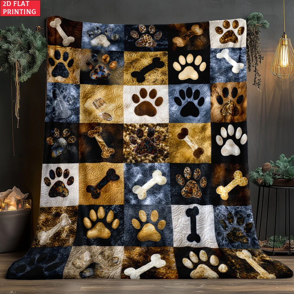 2D Flat Single-Piece Paw Print Plaid HD Printed Blanket. Soft and Warm Flannel Blanket, Suitable for Travel, Camping, Sofa, Livi