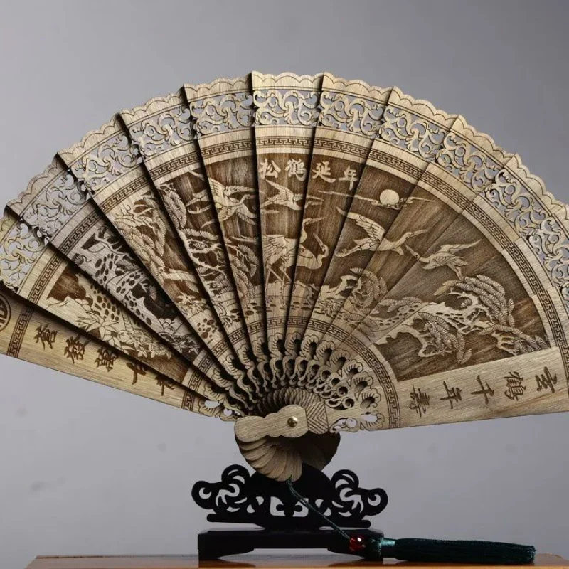 Golden Nanmu Creative Folding Fan Hollow Carving Classical Chinese Style Tassel Decoration Handicraft Ornaments