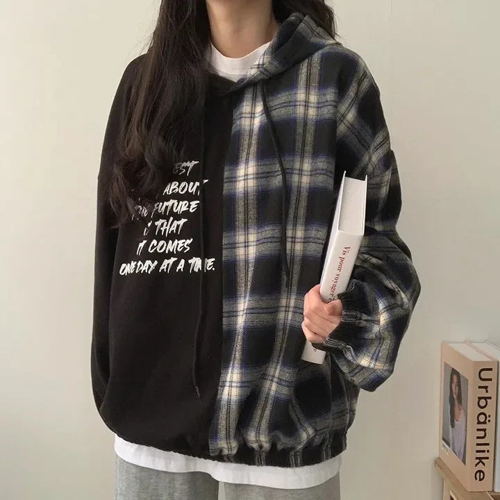 Oversize Patchwork Plaid Sweater Women 2023 New Top Autumn Winter Loose Garment Hoodies Streetwear Casual Harajuku Hooded Shirt