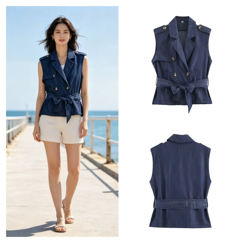 Vintage Sleeveless Lapel Denim Vest For Women Belted Waist Cinched Slim Fit Premium Texture Breathable Regular Fit Casual Top