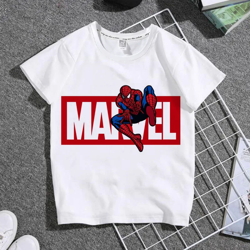 

Тонкая летняя студенческая детская футболка с короткими рукавами и героями мультфильмов Marvel Avengers Heroes, топ с круглым вырезом из чистого хлопка