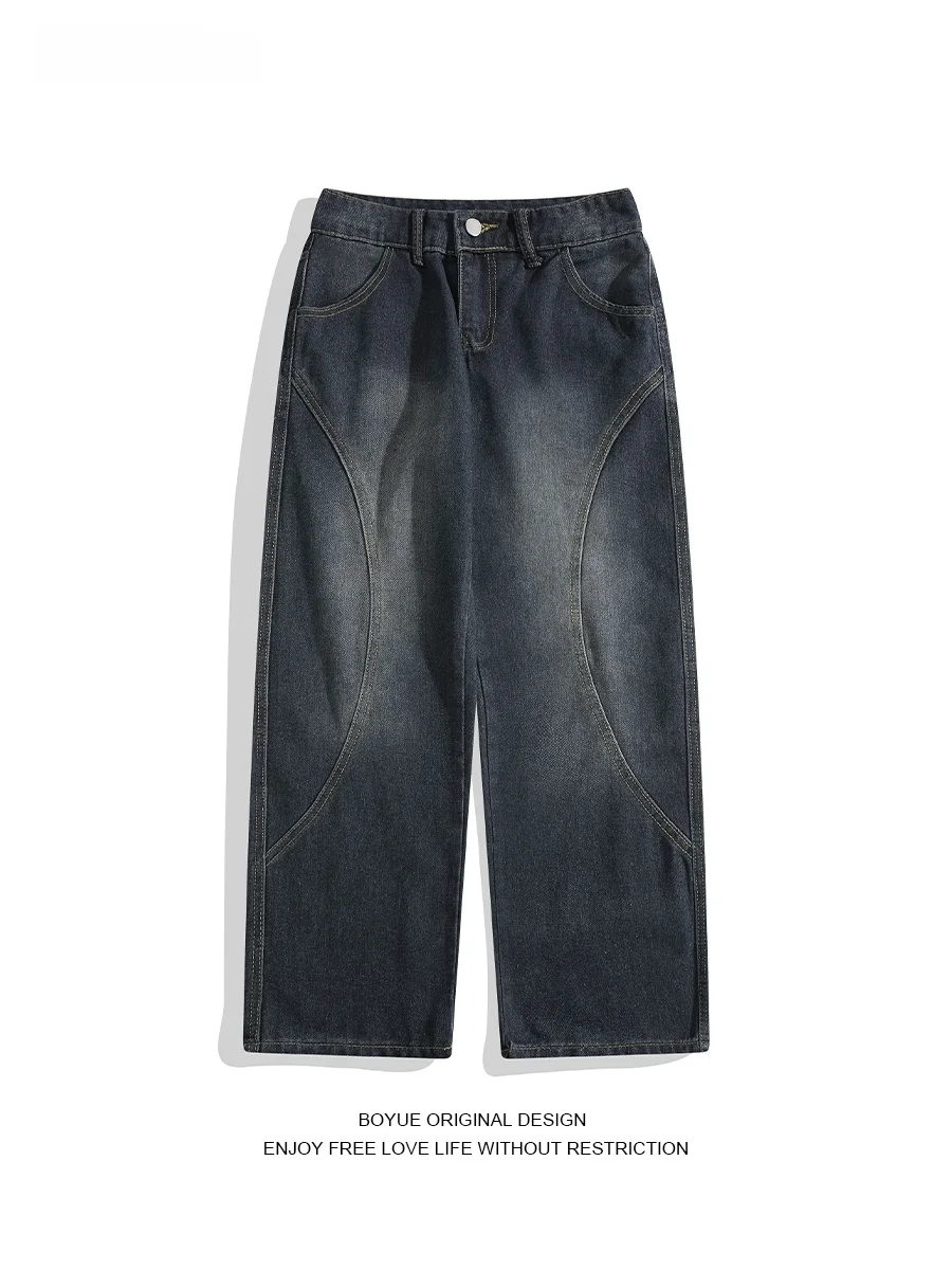 

Мужские джинсы Boyue Color Blo с широкими штанинами, простой декоративной строчкой, в американском стиле, повседневные, прямого кроя, из денима