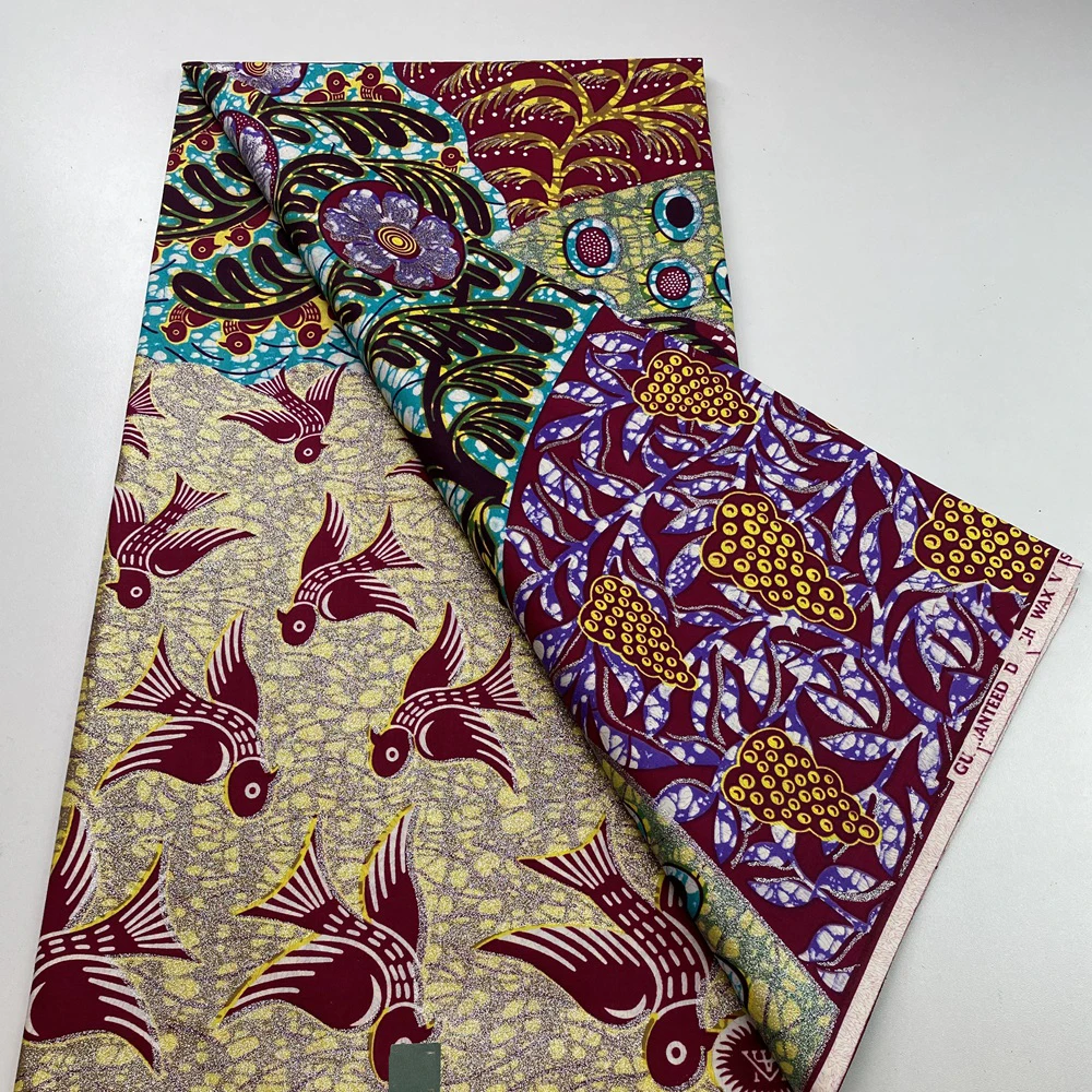 

African Wax Print Fabric Ankara Kitenge Pagne Loincloth Batik Wholesale Golden Glitter Grand 100Cotton Material For Sew 6yards