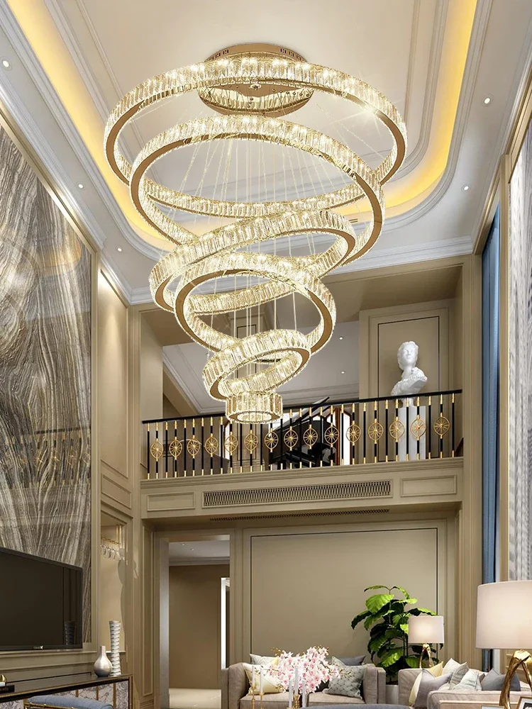 Luxury Crystal Chandelier Large Staircase Rings Design Modern Led Pendant Lamp Long Villa Lobby Living Room Gold Hanging Light