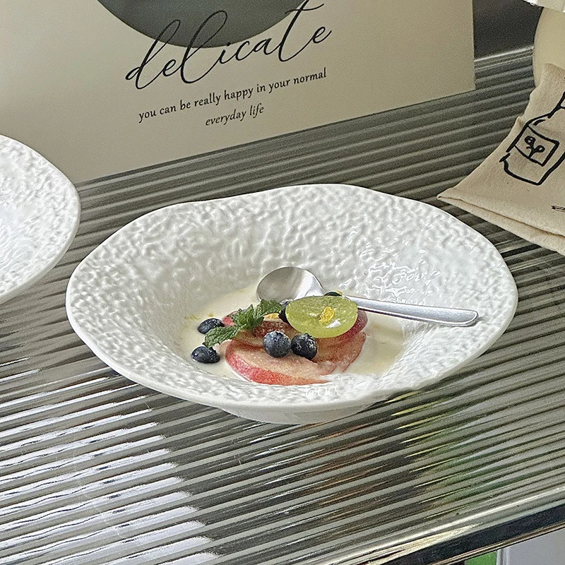 Embossed Ceramic Dinner Plate Light Luxury Creative White Deep Plate Household Dessert Salad Plate Kitchen Tableware