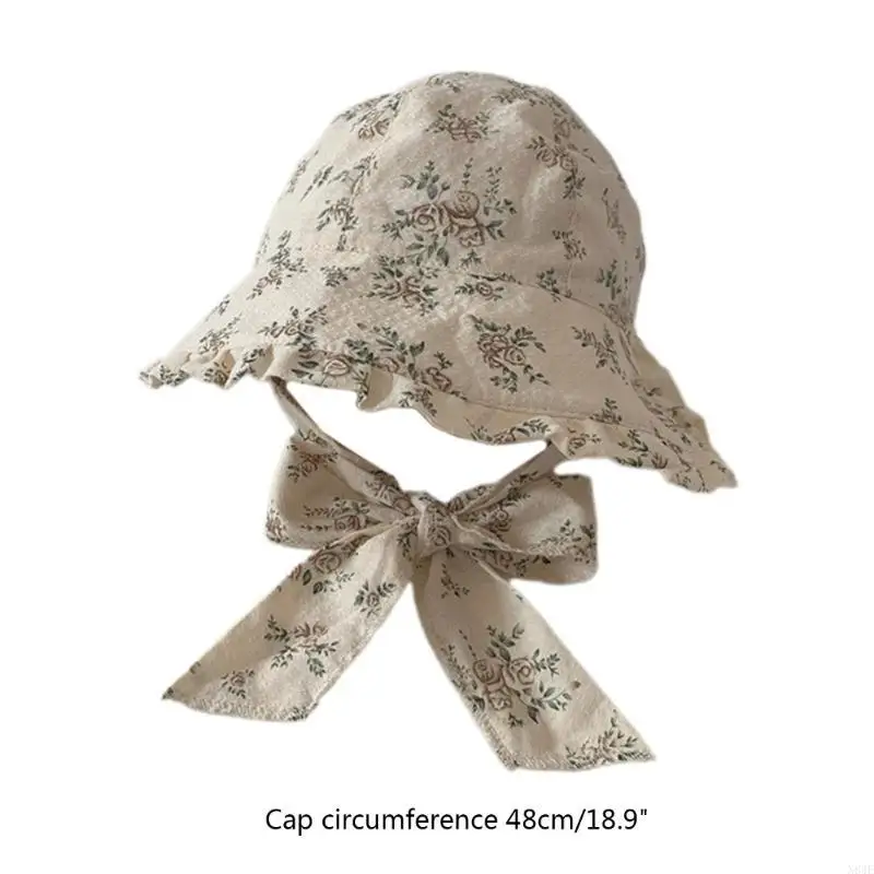 

N84E Baby Fisherman Hat Toddler Bucket Hat Floral Print Panama Hats for Baby Girls Infant Ruffle Large Brim Floppy Sun Cap