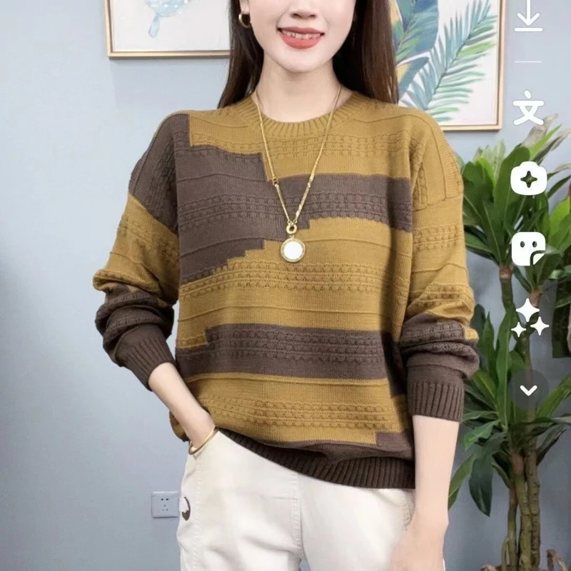 

Women's New Spliced Jacquard Sweater Knitted Sweater Autumn and Winter Loose Plus Size Versatile with Meat Covering Base Sweater