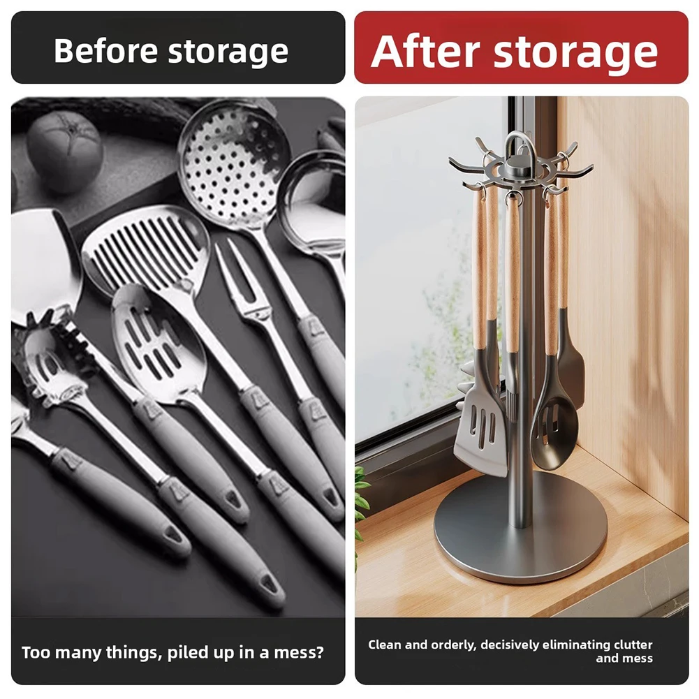 360 Degree Rotating Kitchen Utensil Rack with 8 Hooks for Spatulas Tongs Ladles Whisks and Other Cooking Tools