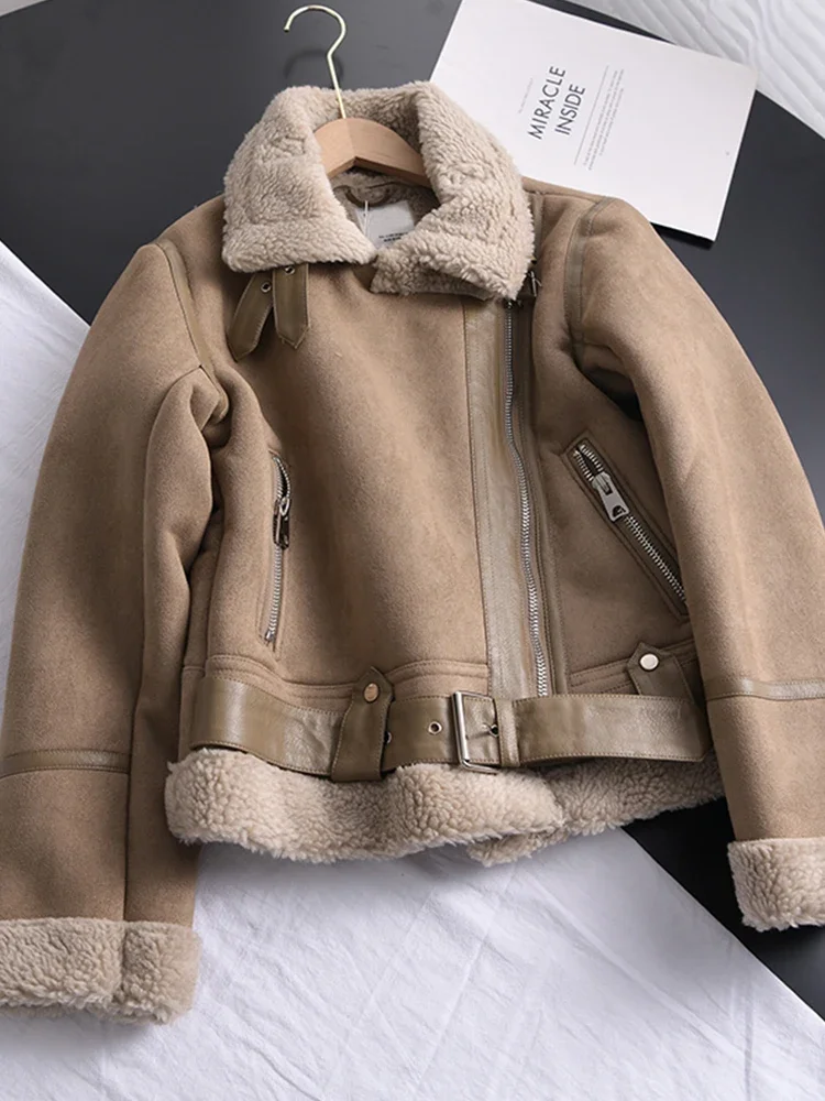 Winter Women Thick Warm Suede Lamb Jacket Short Motorcycle Brown Coats Faux Shearling Sheepskin Leather Jackets Outwear New
