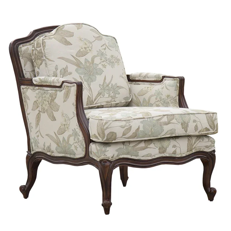 Country Solid Wood Living Room Sofa Household Cotton Linen Fabric Single Wingback Chair Upscale Retro Nostalgic Leisure Chair