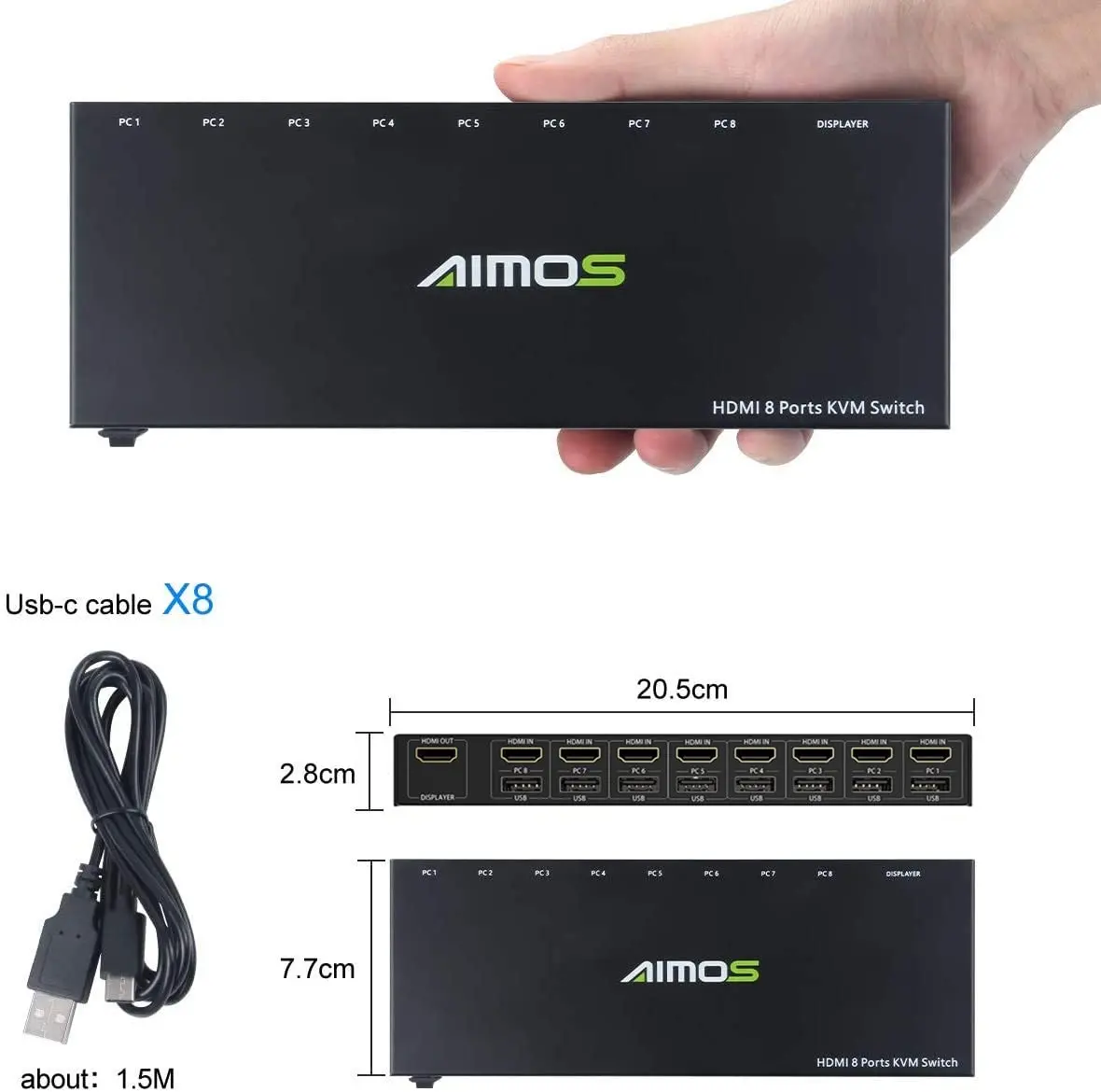 Aimos Kvm Usb Switch 8 In 1 Out Hdmi Switcher Box Ondersteuning 4K @ 30Hz Voor 8 Pc Delen Toetsenbord En Muis Ondersteuning Usb Hub Connect