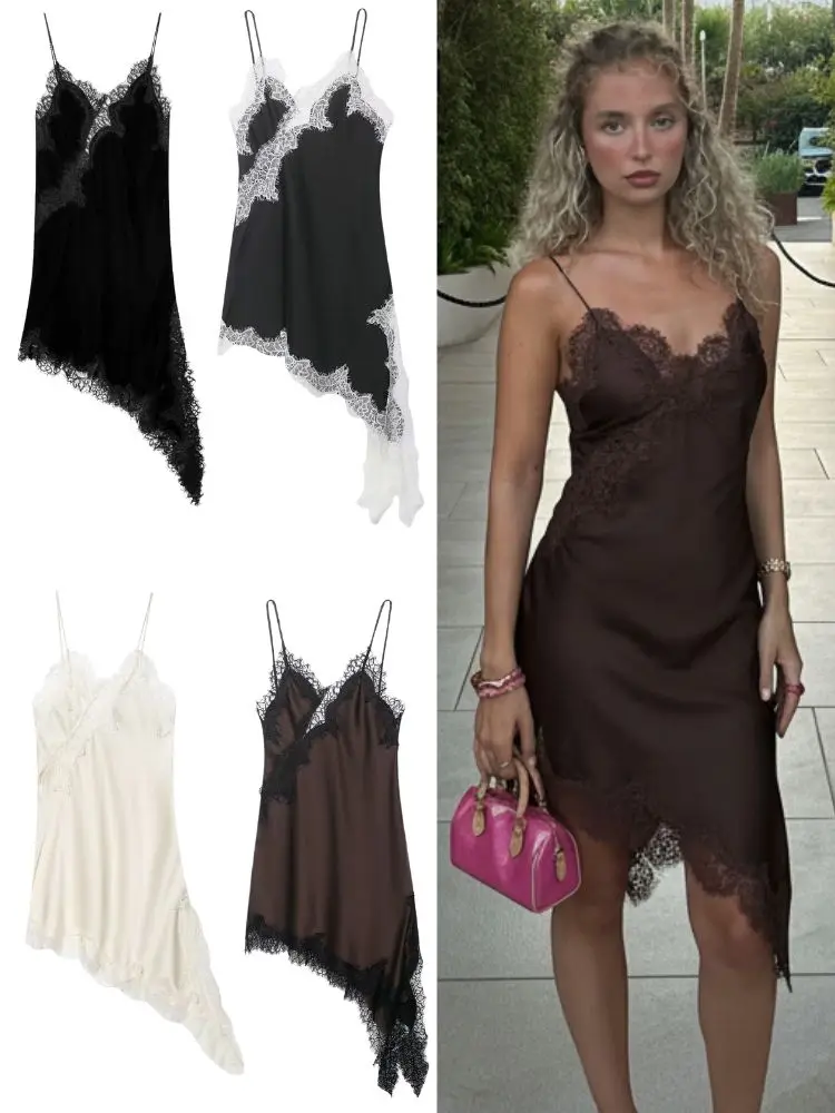 HH 2026 Spring Summer Elegant Satin Lace Sling Dress For Women Sexy Asymmetry Sleeveless Backless Party Dress Lady Beach Dress