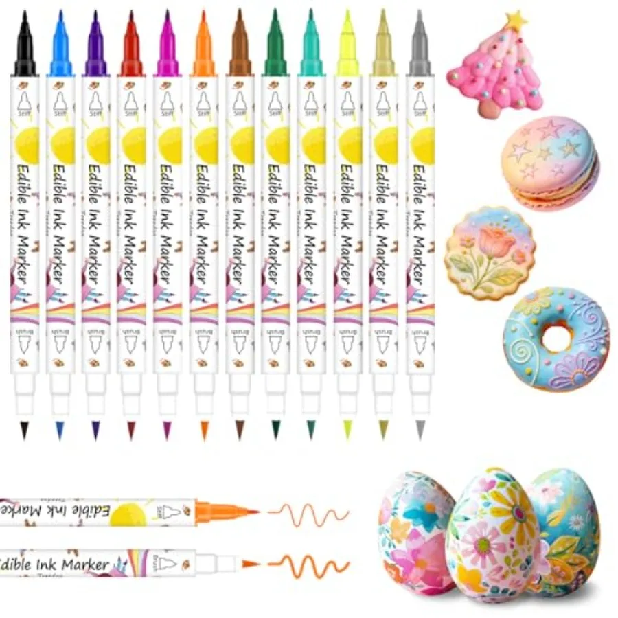 Food Coloring Marker Pens, 12Pcs Dual Sided Food Grade and Edible Markers with FineandThick Tip, Edible Pen Gourmet Writers for
