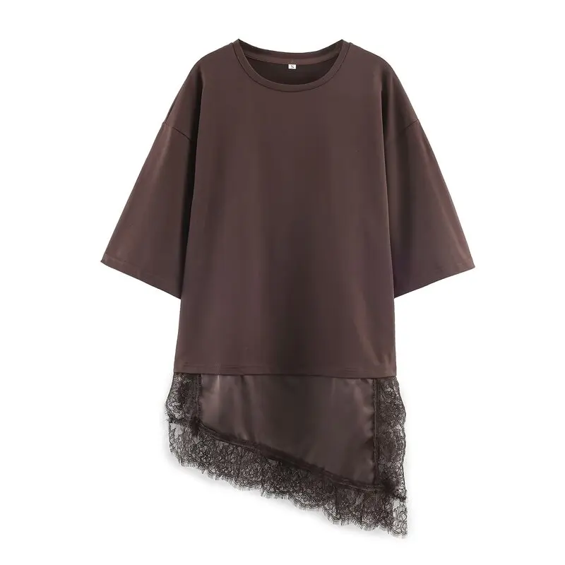 T-shirt da donna rotonda Ne ort Sve con giunture in pizzo orlo asimmetrico inverno nuovo arrivo casual vestibilità ampia da indossare ogni giorno