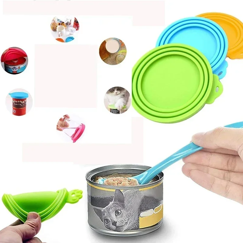 Portable Silicone Dog Cat Canned Lid 2-in-1Food Sealer Spoon Pet Food Cover Storage Fresh-keeping Lids Bowl Dog Accessories