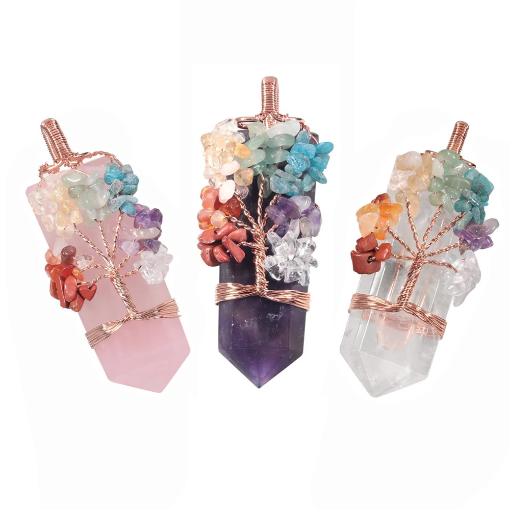 

Natural Crystal Stone Faceted Hexagons Point Pendant Handmade Bronze Wire Wrapped 7 Chakras Rubble Tree Healing Women Jewelry