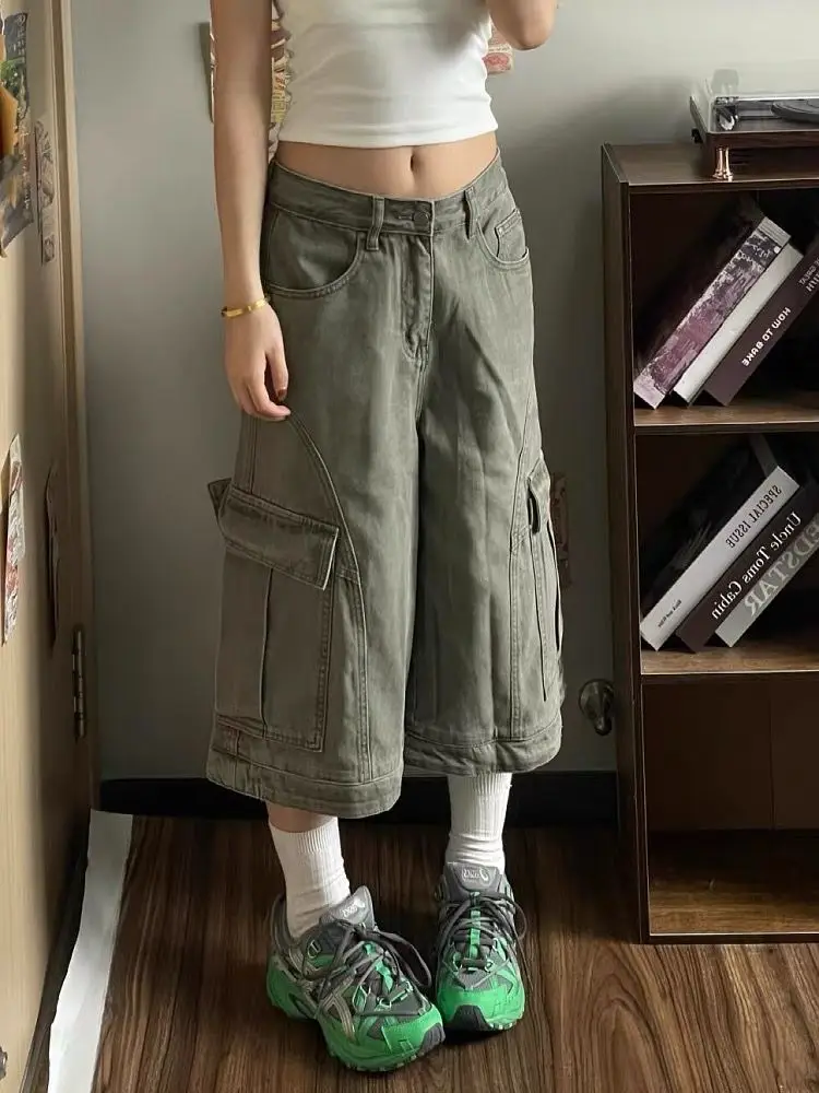 Damskie jasnoszare spodnie z szerokimi nogawkami i dużymi kieszeniami w stylu retro amerykańskim z lat 2000, jeansy w stylu punkowym, nowe, luźne spodnie crop na lato.