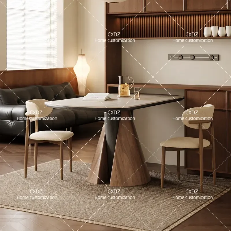 Solid Wood Round Dining Table Retractable Square and Round Dual Purpose Modern Simple Light Luxury Rock Slab Top for Small