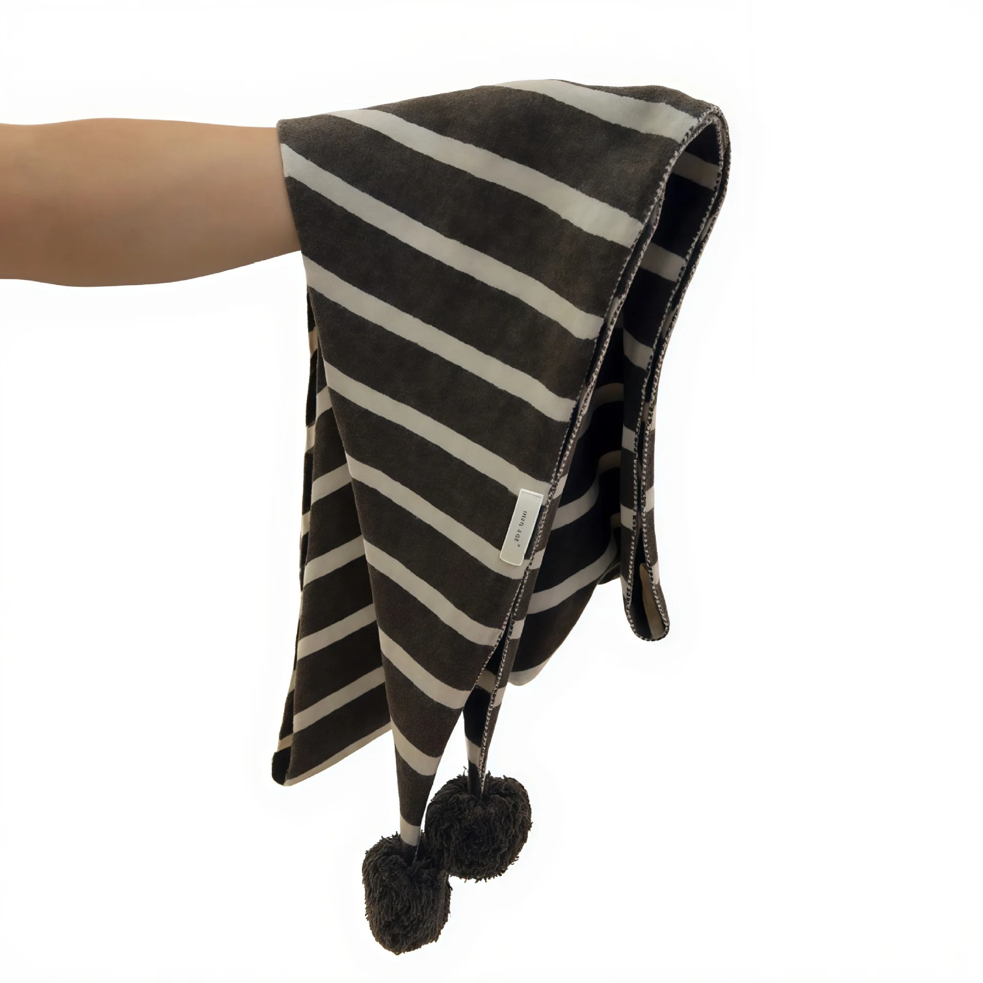 100% Wool Japanese Style Handmade Pom Pom Striped Triangle Scarf Christmas Holiday Soft Warm Shawl Wrap Unisex - Image 4