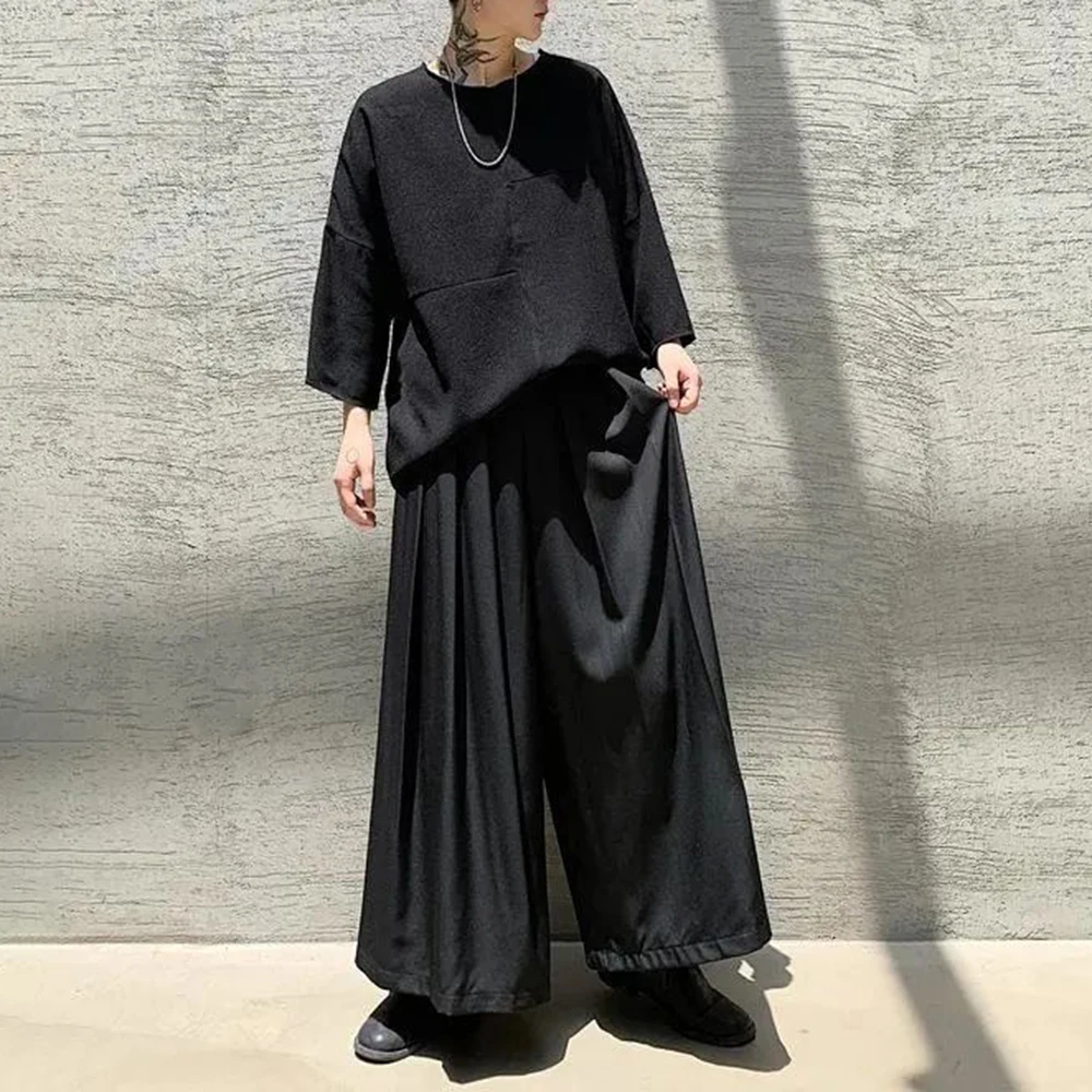 Mens Dark Gothic Casual Slightly Pleated Culottes Genderless Streetwear Japanese Fashion All-Match Samurai Pants Hakama Unisex