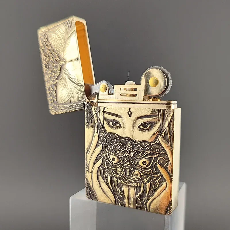 ZL8 Brass Embossed Grinding Wheel Oil Lighter, Small Heavy Armor Ultra-thin Bottomless Marking Multiple Patterns, Men's Gift