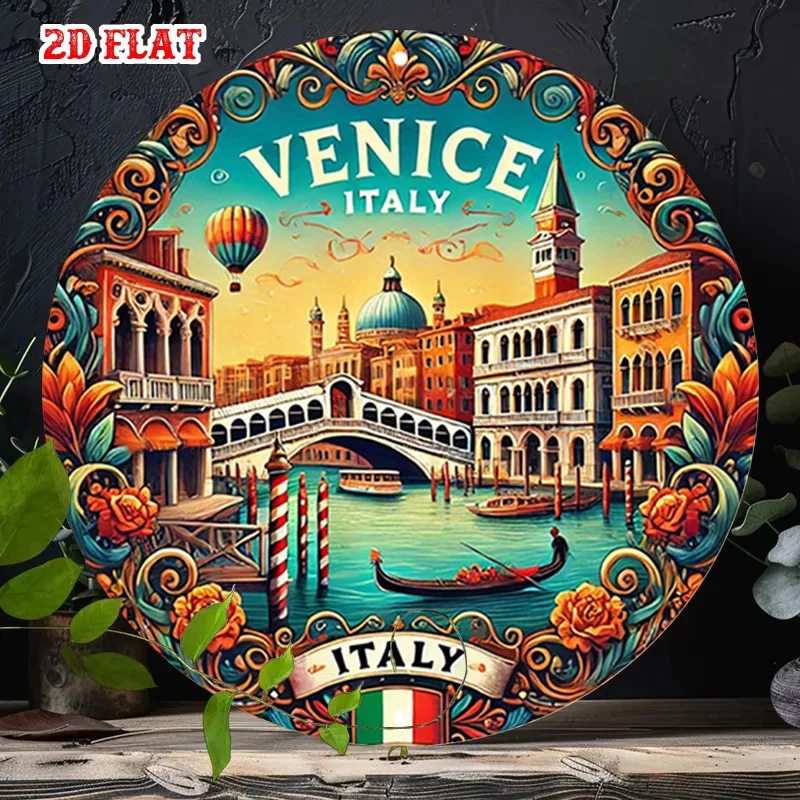 2D Flat, 1pc Venice Italy Rialto Bridge & St. Mark's Basilica Metal Wall Art - Vintage Venetian Gondola & Rialto Bridge Round Si
