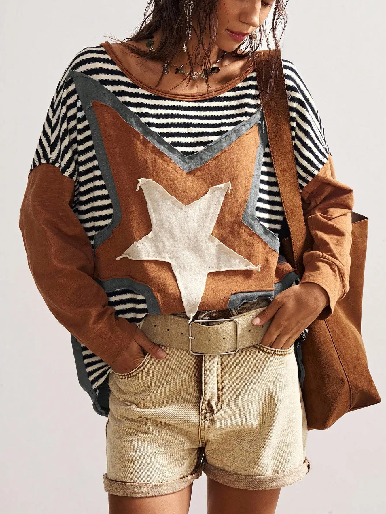 Womens Plus Size Crewneck Sweatshirt Vintage Americana Eclectic Grunge Aesthetic Long Sleeve Pullover Tunic Cognac Navy Striped Distressed Raw Edge Layered Patchwork Star Applique Drop Shoulder Slouchy Fit For Fall Winter Daily Outfits Christmas Gift