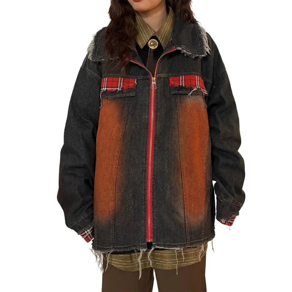 Amerykańska kurtka jeansowa w kratę w stylu vintage, damska, wiosenna, nowa, z efektem spryskiwania farby, postarzana, z frędzlami, o wyrafinowanym wyglądzie, o regularnym kroju.